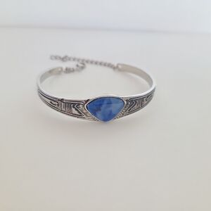 Vintage Silver Tone Blue Stone Bracelet Etched Cuff Adjustable Boho